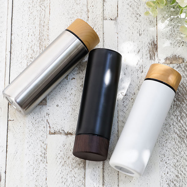 水筒 マグ ミニ 130ml 木目調 サーモステンレスボトル 直飲み ( 保温 保冷 軽量 マグボトル サイズ ミニボトル ステンレスボトル ダイレクトボトル 大人 直のみ すいとう スリム マグ ボトル コンパクト 広口 マイボトル おしゃれ ) 【シルバー】 シルバー