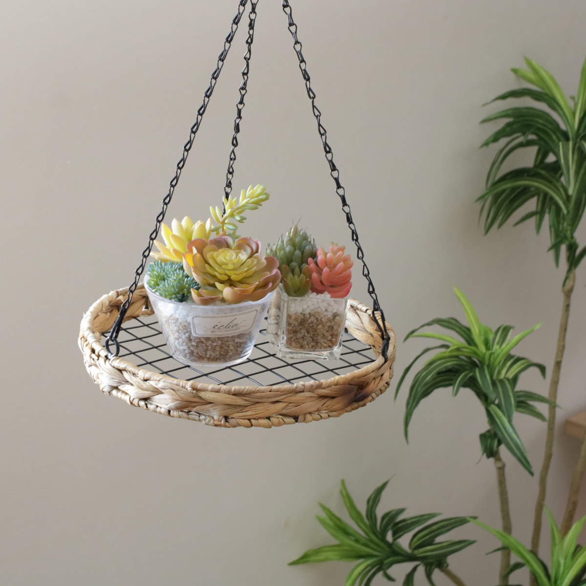 かご ヒヤシンス ラウンド ハンギングシェルフ 吊り下げ ネット ( カゴ ハンギング シェルフ ラック ハンギングラック つり下げ 吊り下げシェルフ プランターラック プランター台 フラワーラック 吊るす スワッグ エアプランツ )