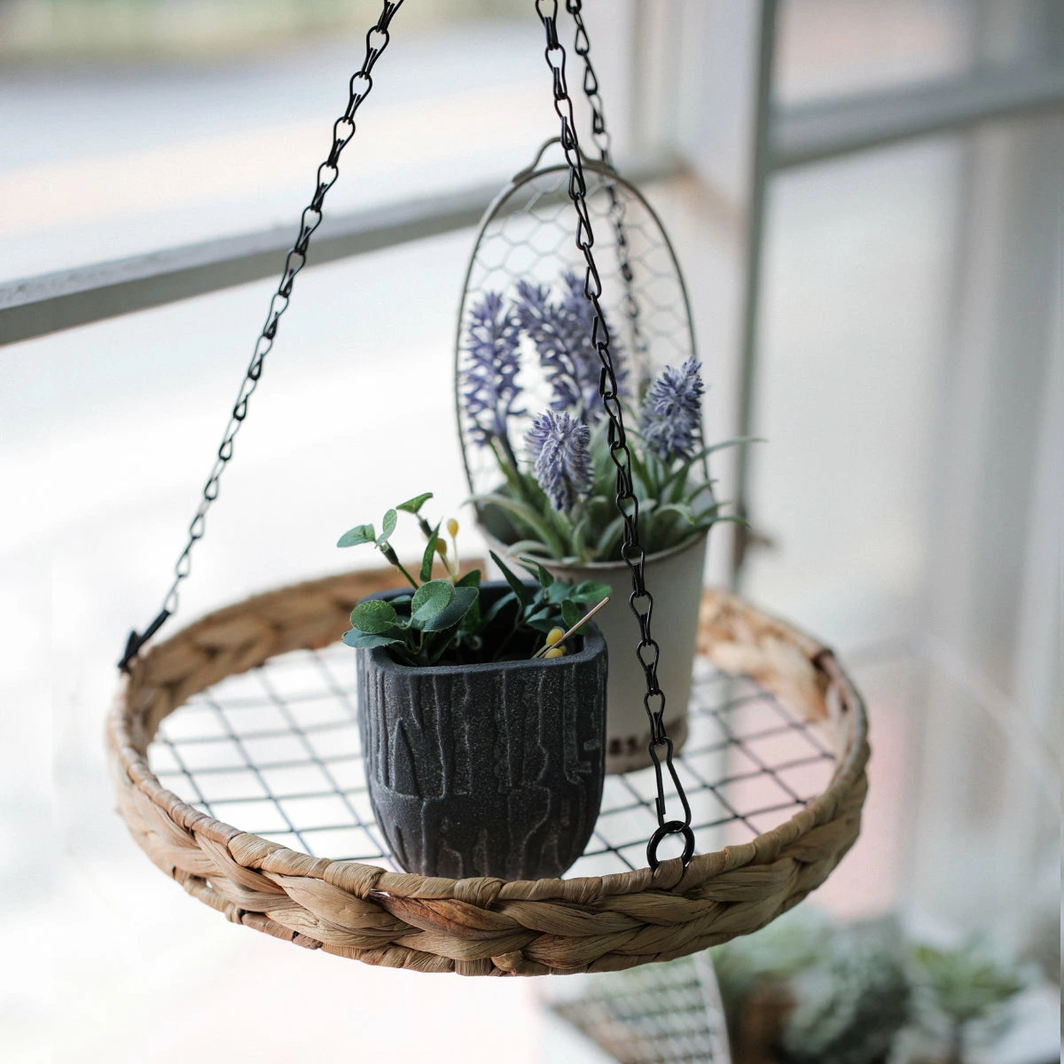 かご ヒヤシンス ラウンド ハンギングシェルフ 吊り下げ ネット ( カゴ ハンギング シェルフ ラック ハンギングラック つり下げ 吊り下げシェルフ プランターラック プランター台 フラワーラック 吊るす スワッグ エアプランツ )