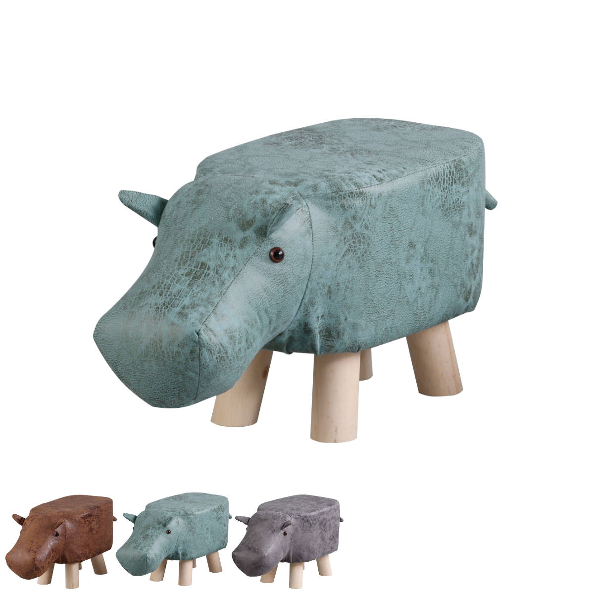 アニマルスツール カバ 座面高26.5cm ティーア・スツール・ヒッポ ( 椅子 チェア かば アニマル 動物 ロー レザー調 木製脚 キッズ リビング 北欧 ナチュラル おしゃれ かわいい コンパクト クッション ) 【ブラウン】