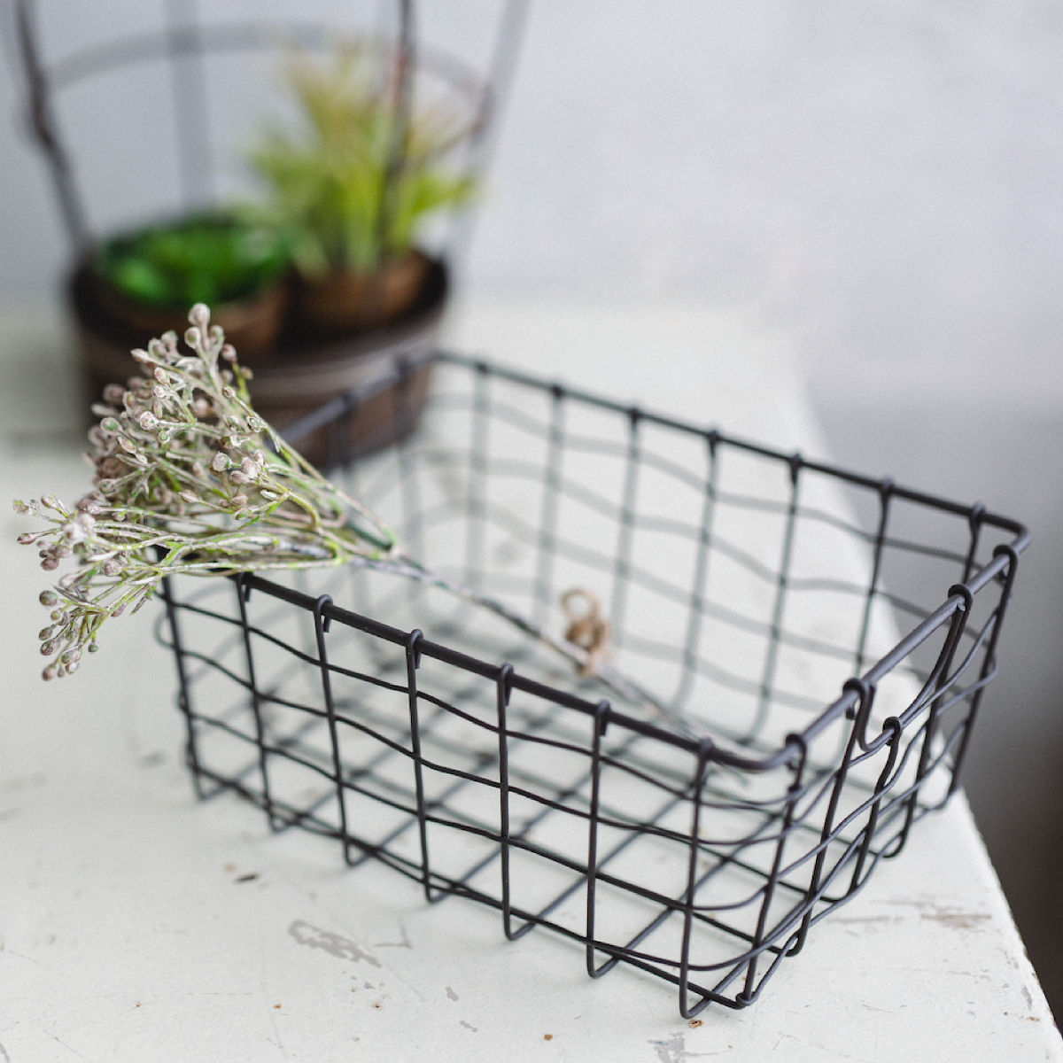 かご スウェル スクエアバスケット L 幅20×奥行15×高さ9cm ( 小物入れ 卓上収納 収納 バスケット ワイヤーバスケット 深型 スリム アイアンバスケット カゴ 角型 ワイヤー アイアン 収納バスケット 小物収納 おしゃれ ) 【アイボリー】 アイボリー