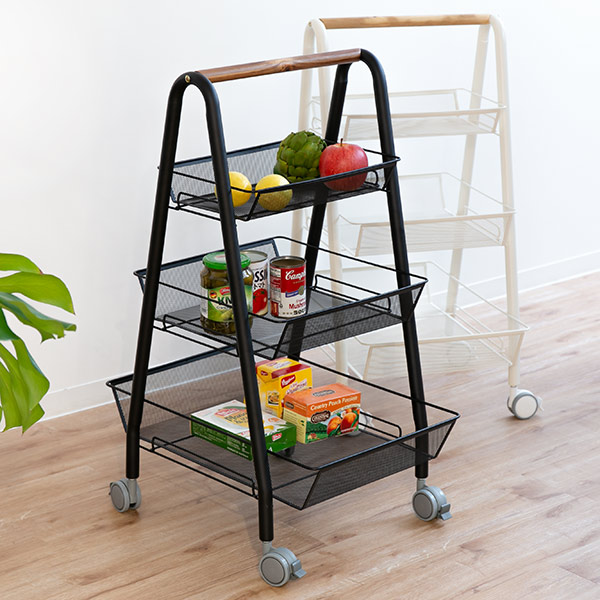 ワイヤー バスケット Aライン ラック 3段 キャリーバスケット キャスター付き ( 黒 白 アイアン 木製 キッチンワゴン 収納 ワゴン ホワイト ブラック メッシュ マット 北欧 3段タイプ キッチン リビング おしゃれ ) 【ホワイト】