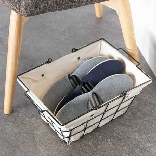 ワイヤーバスケット S 幅33.5×奥行25×高さ16.5cm ファブリック ( 収納バスケット 布付きバスケット 布 角型 バスケット 収納 持ち手付き 小物収納 ワイヤー 布付き 内布 スクエア型 四角 持ち運び おもちゃ入れ 北欧 おしゃれ ) 【ネイビー】 ネイビー