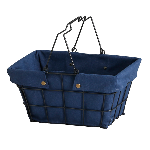 ワイヤーバスケット S 幅33.5×奥行25×高さ16.5cm ファブリック ( 収納バスケット 布付きバスケット 布 角型 バスケット 収納 持ち手付き 小物収納 ワイヤー 布付き 内布 スクエア型 四角 持ち運び おもちゃ入れ 北欧 おしゃれ ) 【ネイビー】 ネイビー
