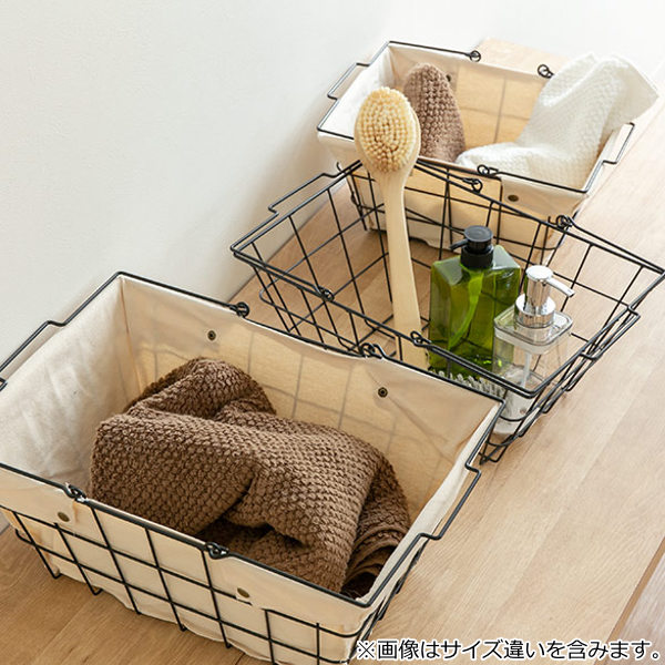 ワイヤーバスケット S 幅33.5×奥行25×高さ16.5cm ファブリック ( 収納バスケット 布付きバスケット 布 角型 バスケット 収納 持ち手付き 小物収納 ワイヤー 布付き 内布 スクエア型 四角 持ち運び おもちゃ入れ 北欧 おしゃれ ) 【ネイビー】 ネイビー