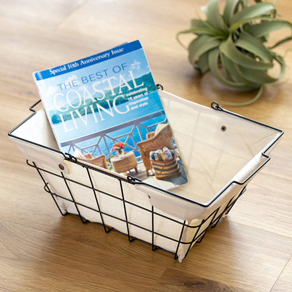 ワイヤーバスケット M 幅39×奥行27×高さ18cm ファブリック ( 収納バスケット 布付きバスケット 布 角型 バスケット 収納 持ち手付き 小物収納 ワイヤー 布付き 内布 スクエア型 四角 持ち運び おもちゃ入れ 北欧 おしゃれ ) 【ブラウン】 ブラウン