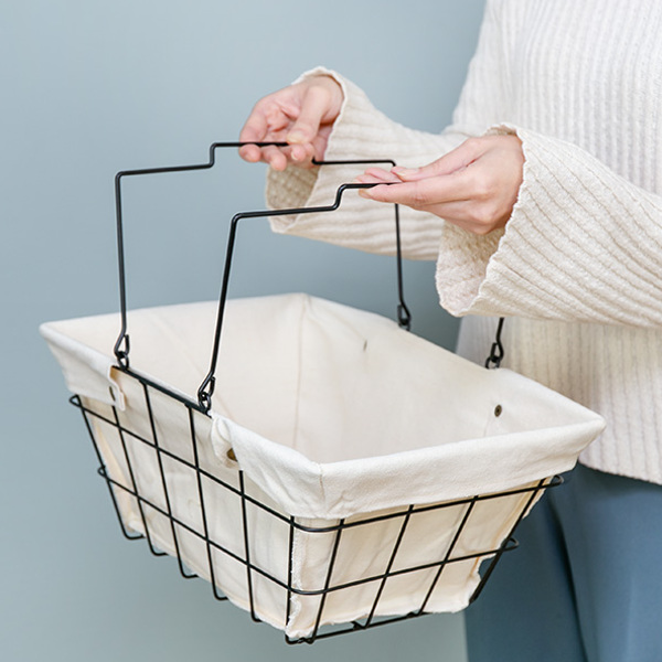 ワイヤーバスケット M 幅39×奥行27×高さ18cm ファブリック ( 収納バスケット 布付きバスケット 布 角型 バスケット 収納 持ち手付き 小物収納 ワイヤー 布付き 内布 スクエア型 四角 持ち運び おもちゃ入れ 北欧 おしゃれ ) 【ブラウン】 ブラウン