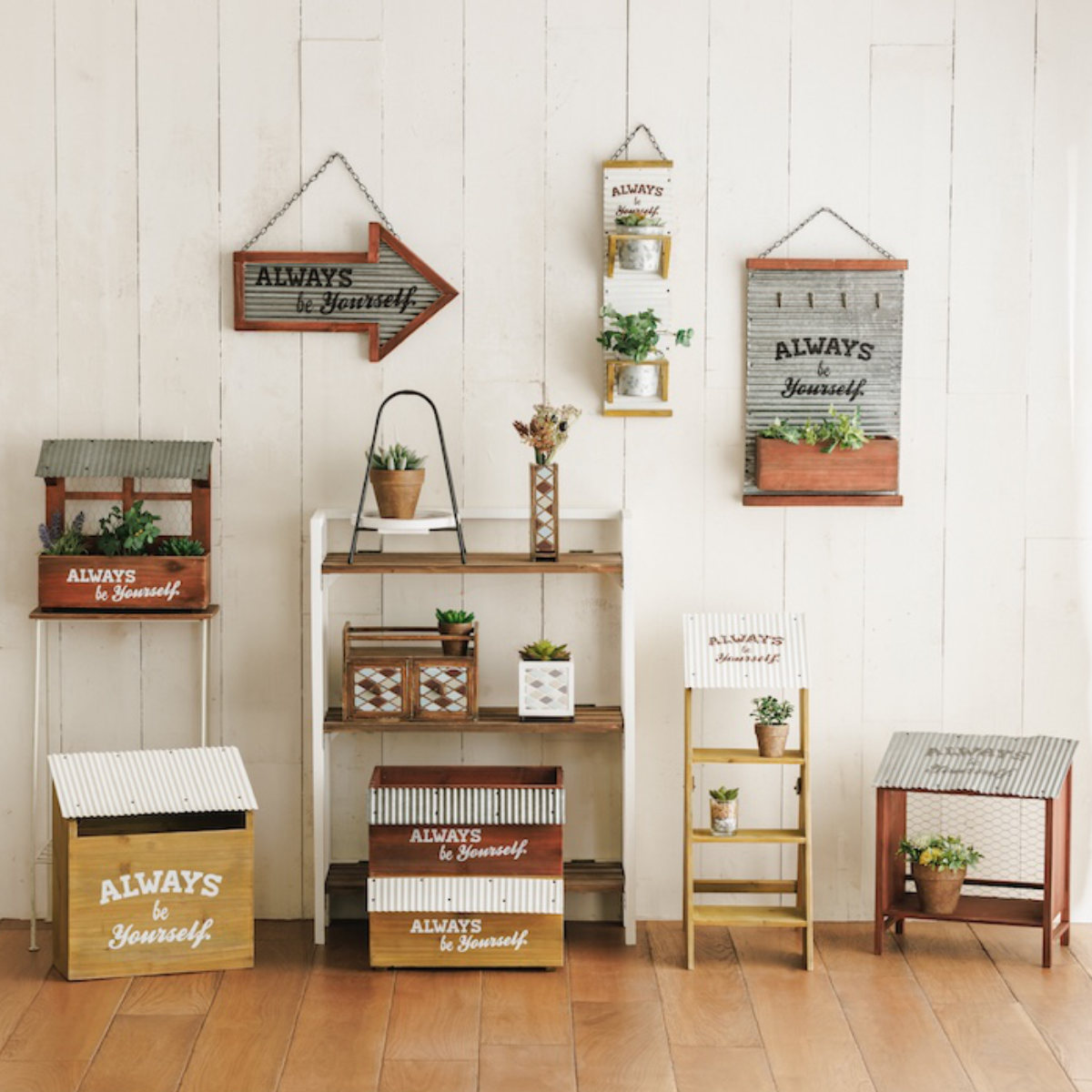 花台 ディスプレイ ラダー エコルフェ ( プランター 植木鉢 棚 アンティーク調 プランターラック フラワーラック 3段 アイアン 多肉植物 観葉植物 花スタンド ラック ボックス 植物用ポット 花器 鉢 トタン 天然木 ) 【シルバー】 シルバー