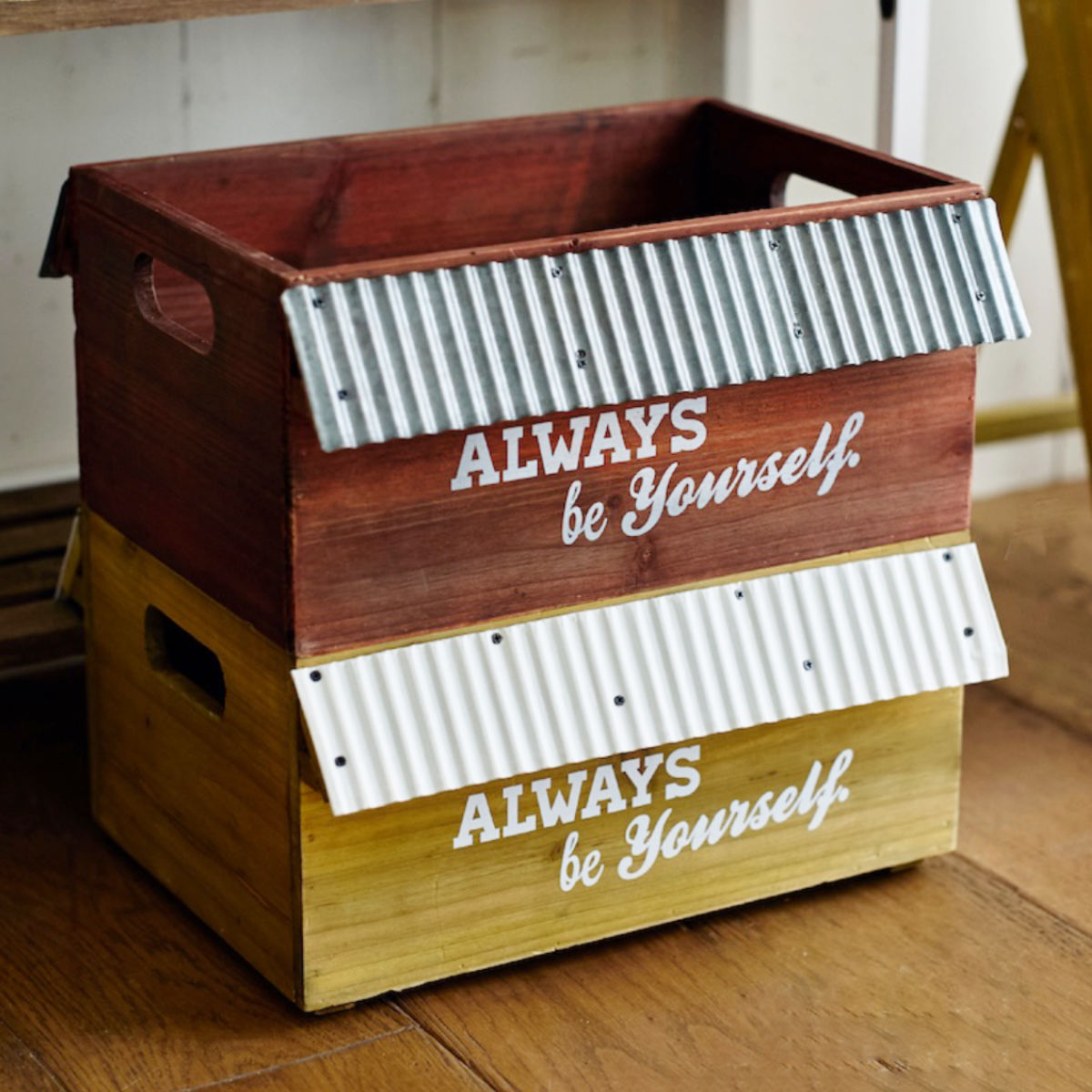 収納ボックス スタッキングボックス エコルフェ （ 収納ケース 木箱 ボックス ケース 花台 プランターポット アンティーク調 プランターカバー 植木鉢カバー 小物入れ 小物ケース 植木鉢 プランター カバー おしゃれ トタン 天然木 ） 【シルバー】