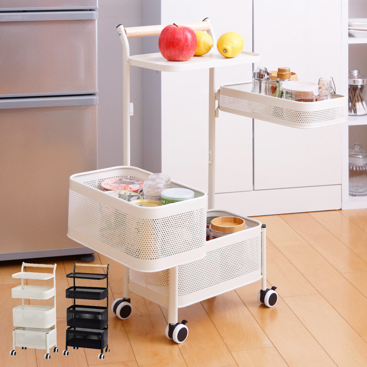 キッチンストッカー ピヴォ トローリーラック 4段 （ キャスター付き 天板付き ハンドル付き スリム キッチンラック ワゴンラック 収納ワゴン マルチワゴン ストッカー かご パンチング すき間 隙間 収納 キッチン 洗面所 脱衣所 ） 【ブラック】