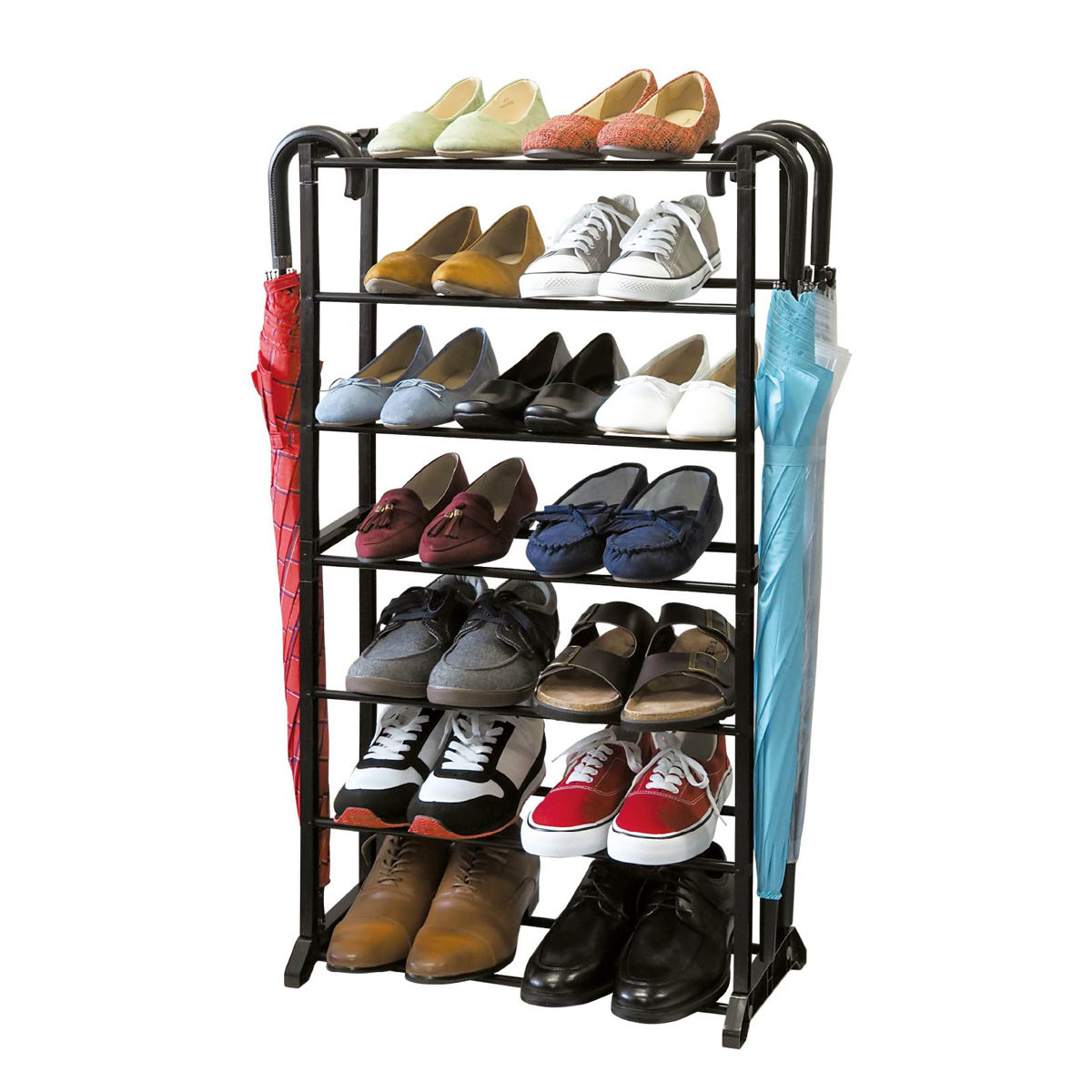 シューズラック 7段 高さ95cm 目安21足収納 傘掛け付 （ 靴 収納 ラック 下駄箱 靴箱 オープンラック 傘立て 玄関 コンパクト おしゃれ 軽量 スチール シューズ アイアン インテリア ディスプレイ シンプル ブラック ）