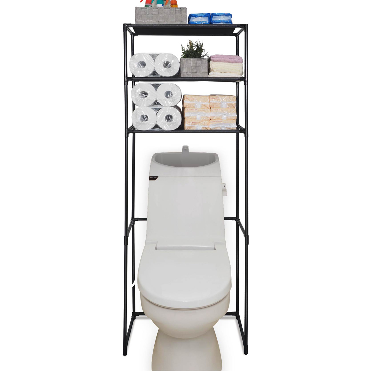 トイレ収納 ラック 3段 高さ162cm （ トイレラック 収納棚 トイレ上 幅57.5cm 収納 掃除用具 トイレットペーパー トイレ用品 収納ラック 壁面収納 壁面 小物収納 省スペース シンプル ブラック ）