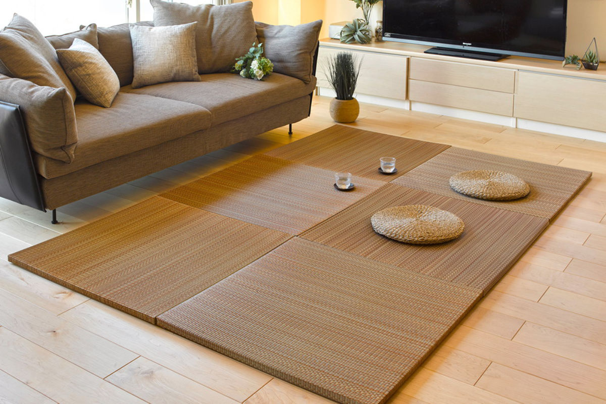 ユニット畳 置き畳 倉敷 約82×82 滑り止め付き 12枚セット ブルー ( 畳マット 畳 ラグ マット システム畳 フロア畳 フローリング畳 簡単 設置 軽い フローリング 手軽 和室 洋室 い草 厚み クッション性 キズ防止 ) 【ナチュラル】 ナチュラル