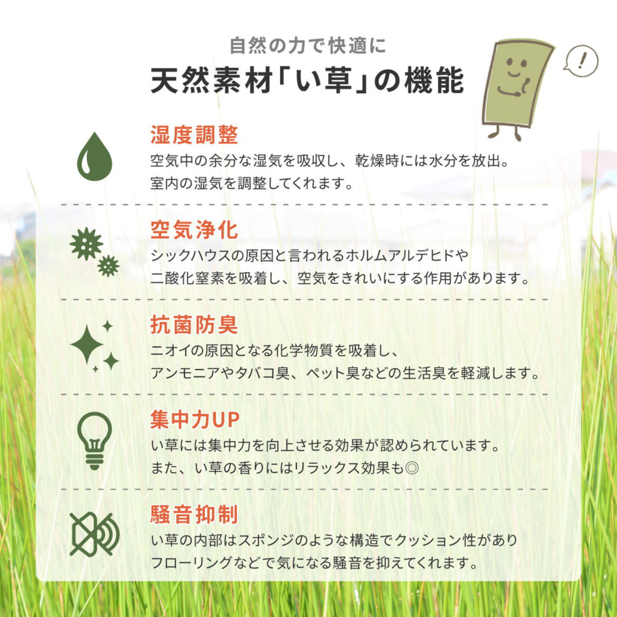 ユニット畳 置き畳 王騎 約65×65 滑り止め付き 6枚セット ブルー ( 畳マット 畳 ラグ マット システム畳 フロア畳 フローリング畳 簡単 設置 軽い フローリング 手軽 和室 洋室 い草 厚み クッション性 キズ防止 ) 【ナチュラル】 ナチュラル