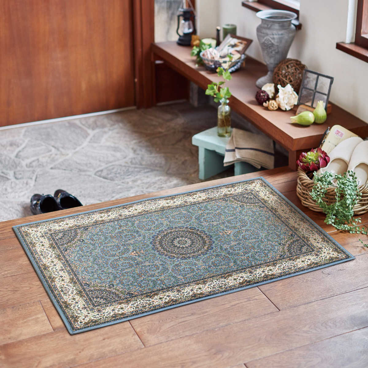 玄関マット 50×80 メダリオン柄 プリントマット 室内 ( マット ラグ 敷物 インテリア おしゃれ 薄手 軽量 滑り止め 手洗い 洗える 幅80cm キッチン リビング 寝室 洗面所 ランドリー 室内用マット 玄関 脱衣所 洗面 敷き物 ) 【ターコイズ】 ターコイズ