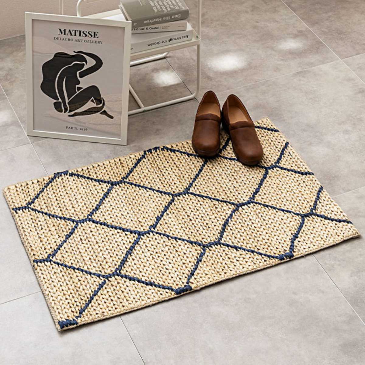 玄関マット 室内 ジュートマット モロッカン 60×90 ( マット ラグ 敷物 インテリア おしゃれ ジュート100% 夏 手織り 黄麻 薄手 幅90cm かわいい キッチン リビング 寝室 洗面所 室内用マット 敷き物 涼しい ) 【ネイビー】 ネイビー