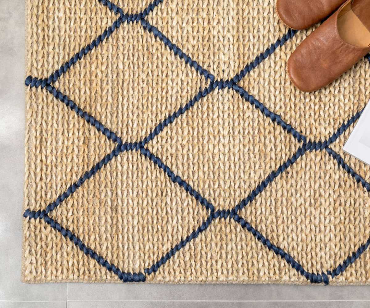 玄関マット 室内 ジュートマット モロッカン 60×90 ( マット ラグ 敷物 インテリア おしゃれ ジュート100% 夏 手織り 黄麻 薄手 幅90cm かわいい キッチン リビング 寝室 洗面所 室内用マット 敷き物 涼しい ) 【ネイビー】 ネイビー