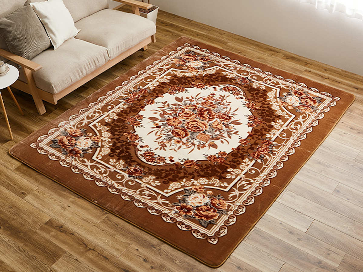 ラグ 洗える アドリア 200x300 ホットカーペットカバー ( ラグマット マット カーペット 絨毯 じゅうたん 床暖対応 床暖 床暖房 センターラグ 花柄 フラワー ホットカーペット インテリア ) 【ブラウン】 ブラウン