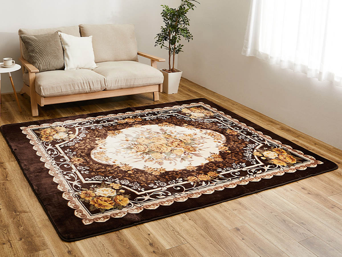 ラグ 洗える アドリア 200x300 ホットカーペットカバー ( ラグマット マット カーペット 絨毯 じゅうたん 床暖対応 床暖 床暖房 センターラグ 花柄 フラワー ホットカーペット インテリア ) 【ブラウン】 ブラウン