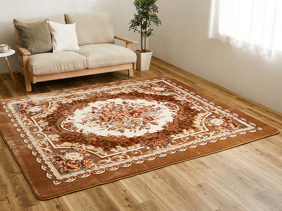 ラグ 洗える アドリア 220x220 ホットカーペットカバー ( ラグマット マット カーペット 絨毯 じゅうたん 床暖対応 床暖 床暖房 センターラグ 花柄 フラワー ホットカーペット インテリア ) 【ブラウン】 ブラウン