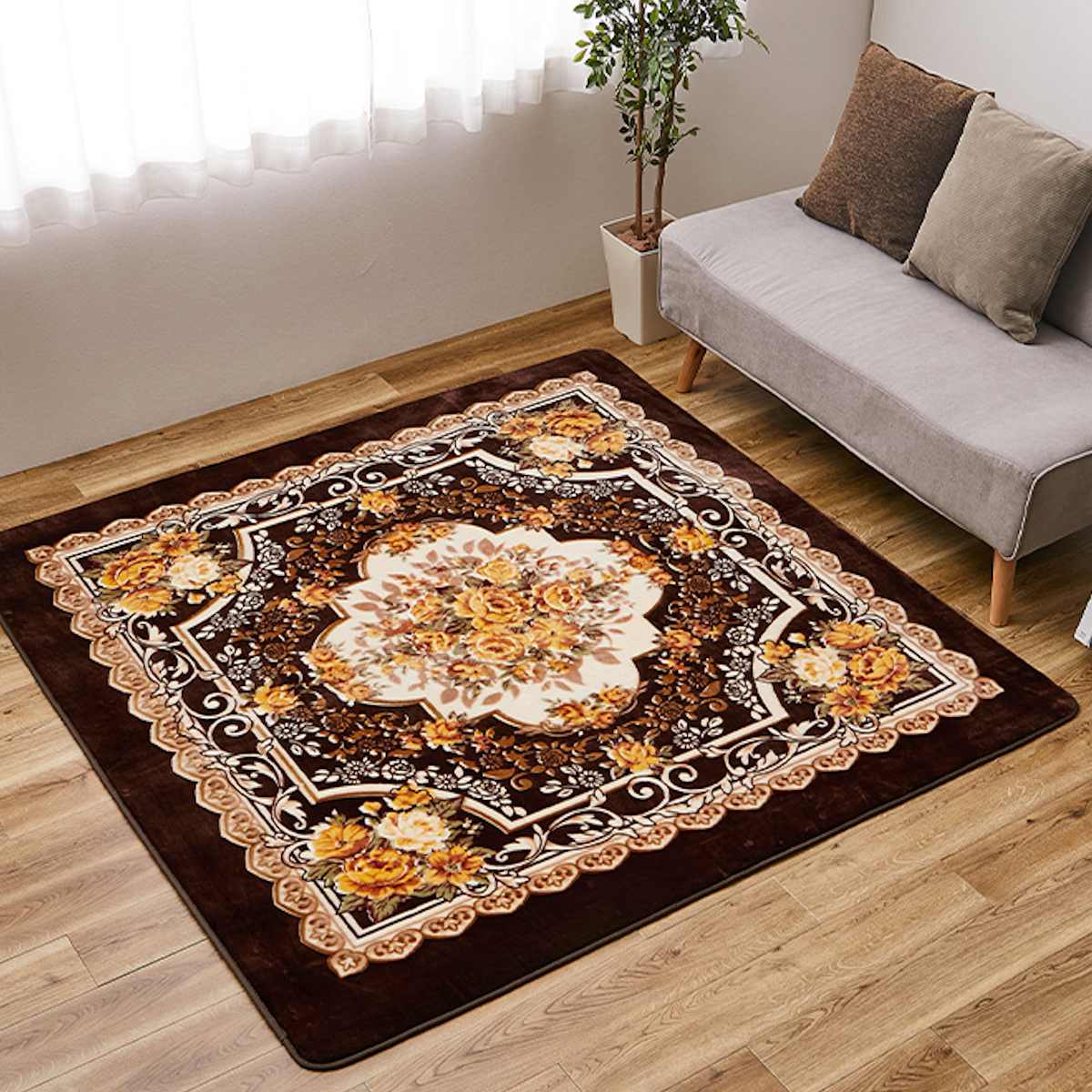 ラグ 洗える アドリア 220x220 ホットカーペットカバー ( ラグマット マット カーペット 絨毯 じゅうたん 床暖対応 床暖 床暖房 センターラグ 花柄 フラワー ホットカーペット インテリア ) 【ブラウン】 ブラウン