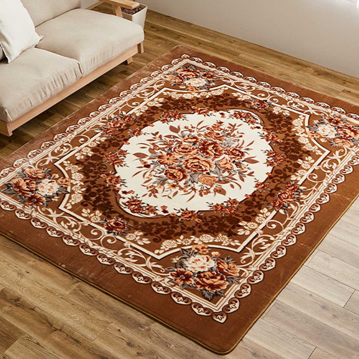 ラグ 洗える アドリア 220x220 ホットカーペットカバー ( ラグマット マット カーペット 絨毯 じゅうたん 床暖対応 床暖 床暖房 センターラグ 花柄 フラワー ホットカーペット インテリア ) 【ブラウン】 ブラウン