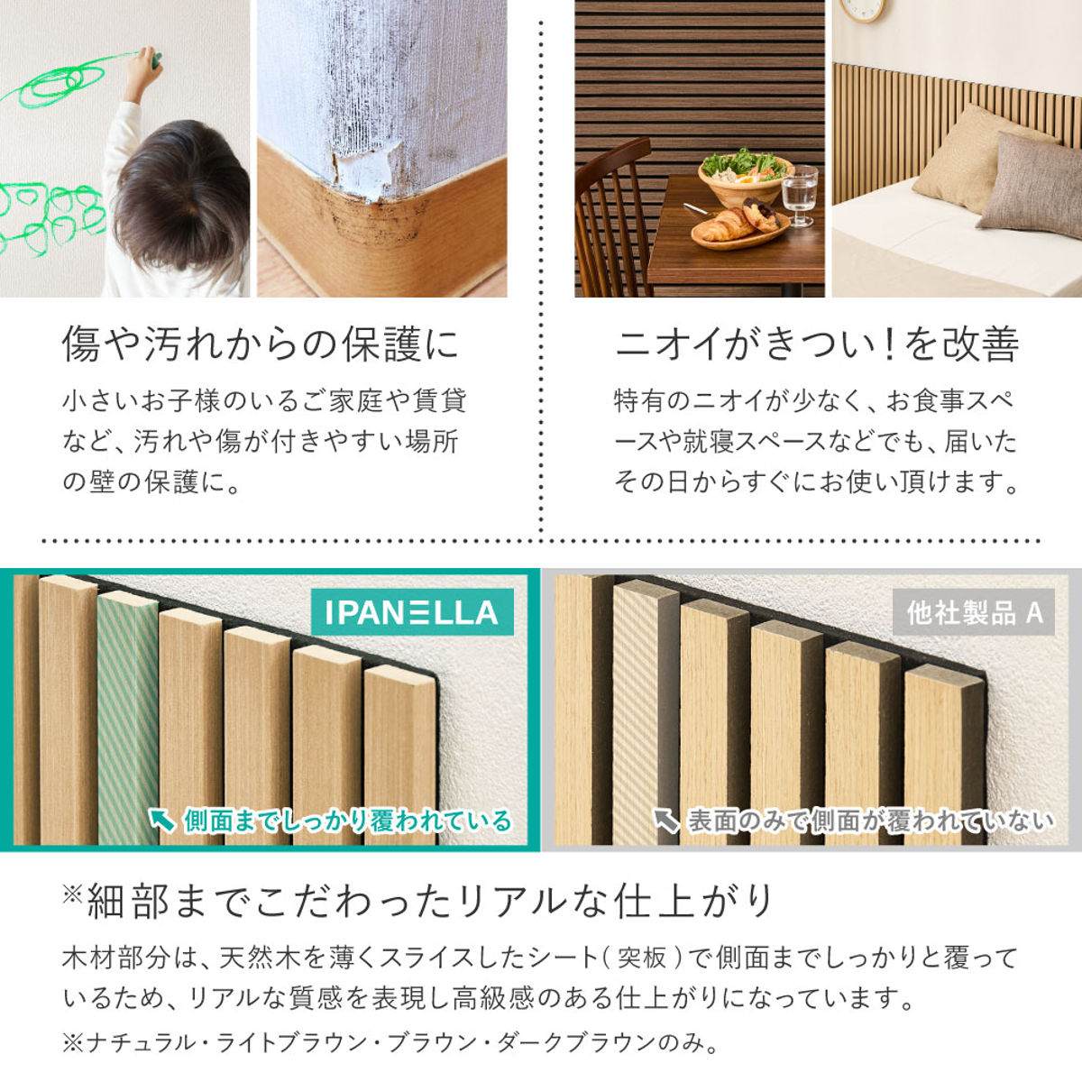 吸音パネル IPANELLA イパネッラ 約120cm 4枚組 ( 吸音シート 吸音材 剥がせる DIY 賃貸 パネル ボード 木製 おしゃれ インテリア 壁紙 吸音ボード 防音ボード 壁面 壁に貼る 防音材 遮音シート リビング 寝室 子ども部屋 ) 【ダークブラウン】 ダークブラウン