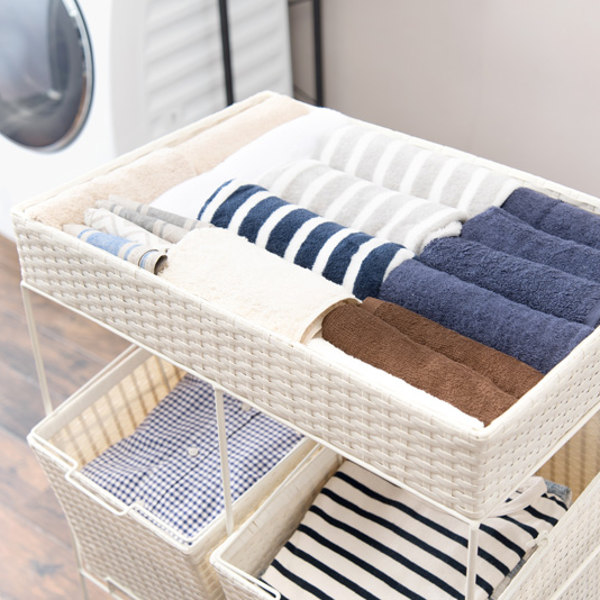 ランドリーラック 3段 ランドリーワゴン ランドリーバスケット バスケット付 横型 ラタン調 ( ラタン キャスター キャスター付 大容量 ワイド 洗濯 バスケット 脱衣かご ラック 洗濯物入れ 洗濯かご 四角 収納 防水 分別 ) 【ダークブラウン】 ダークブラウン