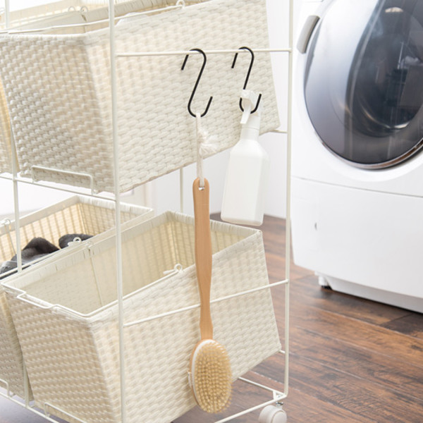 ランドリーラック 3段 ランドリーワゴン ランドリーバスケット バスケット付 横型 ラタン調 ( ラタン キャスター キャスター付 大容量 ワイド 洗濯 バスケット 脱衣かご ラック 洗濯物入れ 洗濯かご 四角 収納 防水 分別 ) 【ダークブラウン】 ダークブラウン