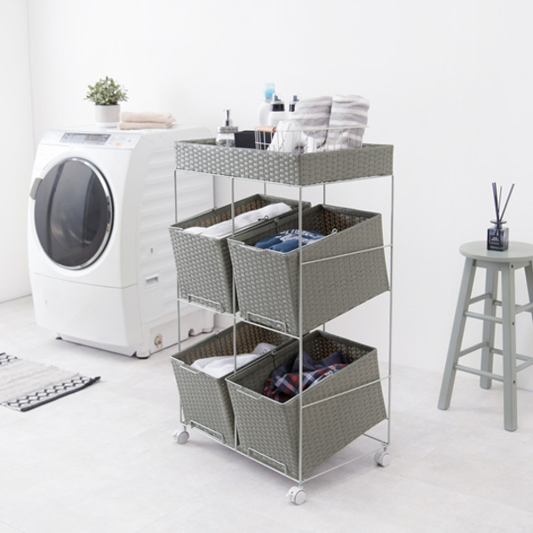 ランドリーラック 3段 ランドリーワゴン ランドリーバスケット バスケット付 横型 ラタン調 ( ラタン キャスター キャスター付 大容量 ワイド 洗濯 バスケット 脱衣かご ラック 洗濯物入れ 洗濯かご 四角 収納 防水 分別 ) 【ダークブラウン】 ダークブラウン