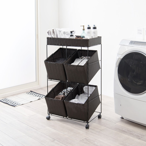 ランドリーラック 3段 ランドリーワゴン ランドリーバスケット バスケット付 横型 ラタン調 ( ラタン キャスター キャスター付 大容量 ワイド 洗濯 バスケット 脱衣かご ラック 洗濯物入れ 洗濯かご 四角 収納 防水 分別 ) 【ダークブラウン】 ダークブラウン