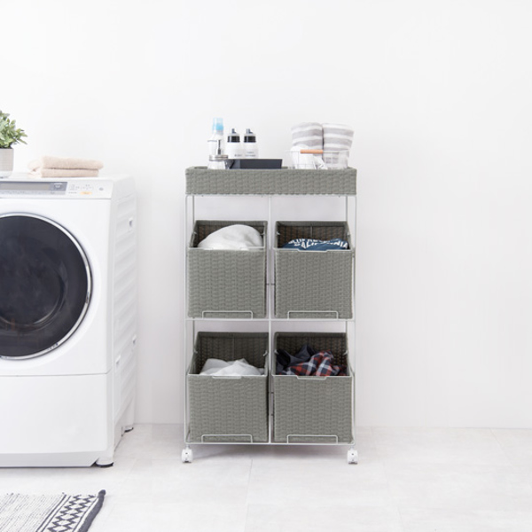 ランドリーラック 3段 ランドリーワゴン ランドリーバスケット バスケット付 横型 ラタン調 ( ラタン キャスター キャスター付 大容量 ワイド 洗濯 バスケット 脱衣かご ラック 洗濯物入れ 洗濯かご 四角 収納 防水 分別 ) 【ダークブラウン】 ダークブラウン