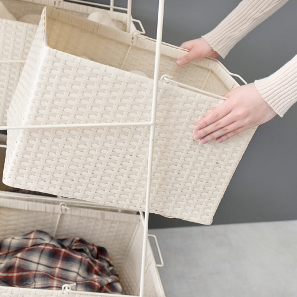 ランドリーラック 3段 ランドリーワゴン ランドリーバスケット バスケット付 横型 ラタン調 ( ラタン キャスター キャスター付 大容量 ワイド 洗濯 バスケット 脱衣かご ラック 洗濯物入れ 洗濯かご 四角 収納 防水 分別 ) 【ダークブラウン】 ダークブラウン