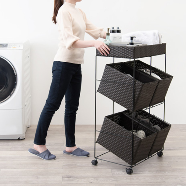 ランドリーラック 3段 ランドリーワゴン ランドリーバスケット バスケット付 横型 ラタン調 ( ラタン キャスター キャスター付 大容量 ワイド 洗濯 バスケット 脱衣かご ラック 洗濯物入れ 洗濯かご 四角 収納 防水 分別 ) 【ダークブラウン】 ダークブラウン