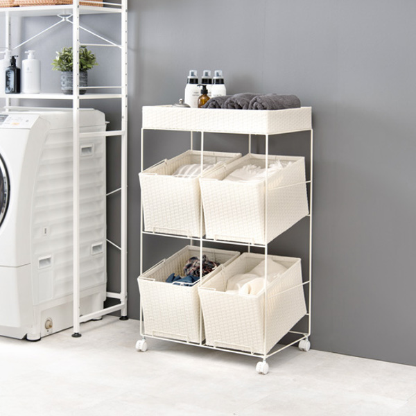 ランドリーラック 3段 ランドリーワゴン ランドリーバスケット バスケット付 横型 ラタン調 ( ラタン キャスター キャスター付 大容量 ワイド 洗濯 バスケット 脱衣かご ラック 洗濯物入れ 洗濯かご 四角 収納 防水 分別 ) 【ダークブラウン】 ダークブラウン