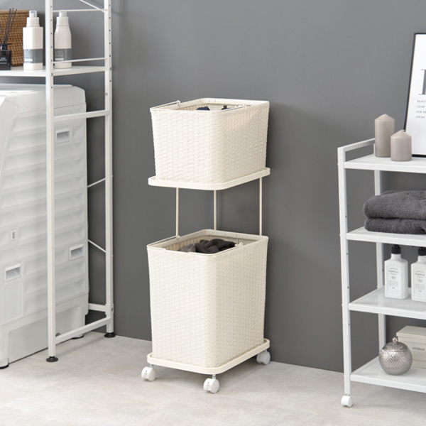 ランドリーラック 2段 ランドリーワゴン ランドリーバスケット バスケット付 縦型 ラタン調 ( ラタン スリム キャスター キャスター付 洗濯 バスケット 脱衣かご ラック 洗濯物入れ 大容量 洗濯かご 四角 収納 防水 分別 ) 【ホワイト】 ホワイト