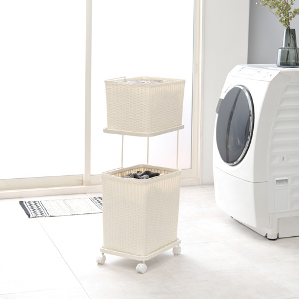 ランドリーラック 2段 ランドリーワゴン ランドリーバスケット バスケット付 縦型 ラタン調 ( ラタン スリム キャスター キャスター付 洗濯 バスケット 脱衣かご ラック 洗濯物入れ 大容量 洗濯かご 四角 収納 防水 分別 ) 【ホワイト】 ホワイト