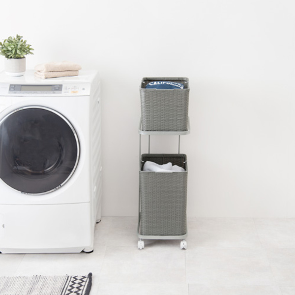 ランドリーラック 2段 ランドリーワゴン ランドリーバスケット バスケット付 縦型 ラタン調 ( ラタン スリム キャスター キャスター付 洗濯 バスケット 脱衣かご ラック 洗濯物入れ 大容量 洗濯かご 四角 収納 防水 分別 ) 【ホワイト】 ホワイト