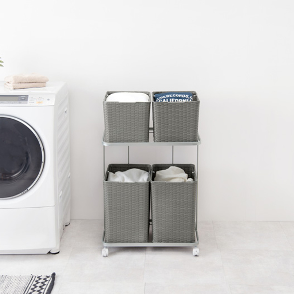 ランドリーラック 2段 ランドリーワゴン ランドリーバスケット バスケット付 横型 ラタン調 ( ラタン キャスター キャスター付 大容量 ワイド 洗濯 バスケット 脱衣かご ラック 洗濯物入れ 洗濯かご 四角 収納 防水 分別 ) 【ホワイト】 ホワイト