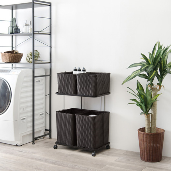 ランドリーラック 2段 ランドリーワゴン ランドリーバスケット バスケット付 横型 ラタン調 ( ラタン キャスター キャスター付 大容量 ワイド 洗濯 バスケット 脱衣かご ラック 洗濯物入れ 洗濯かご 四角 収納 防水 分別 ) 【ホワイト】 ホワイト