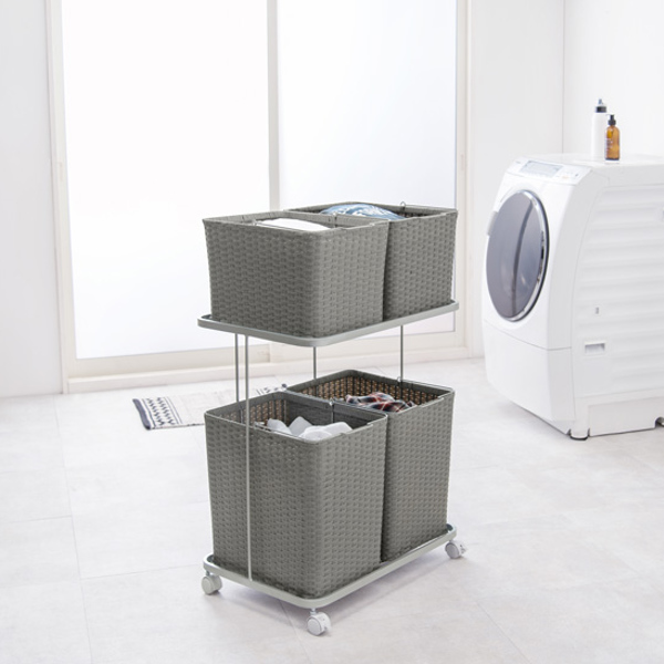 ランドリーラック 2段 ランドリーワゴン ランドリーバスケット バスケット付 横型 ラタン調 ( ラタン キャスター キャスター付 大容量 ワイド 洗濯 バスケット 脱衣かご ラック 洗濯物入れ 洗濯かご 四角 収納 防水 分別 ) 【ホワイト】 ホワイト