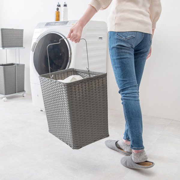 ランドリーラック 2段 ランドリーワゴン ランドリーバスケット バスケット付 横型 ラタン調 ( ラタン キャスター キャスター付 大容量 ワイド 洗濯 バスケット 脱衣かご ラック 洗濯物入れ 洗濯かご 四角 収納 防水 分別 ) 【ホワイト】 ホワイト