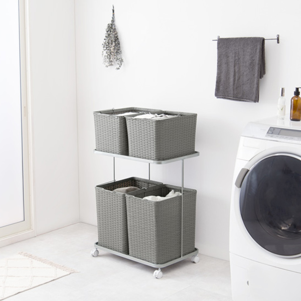 ランドリーラック 2段 ランドリーワゴン ランドリーバスケット バスケット付 横型 ラタン調 ( ラタン キャスター キャスター付 大容量 ワイド 洗濯 バスケット 脱衣かご ラック 洗濯物入れ 洗濯かご 四角 収納 防水 分別 ) 【ホワイト】 ホワイト