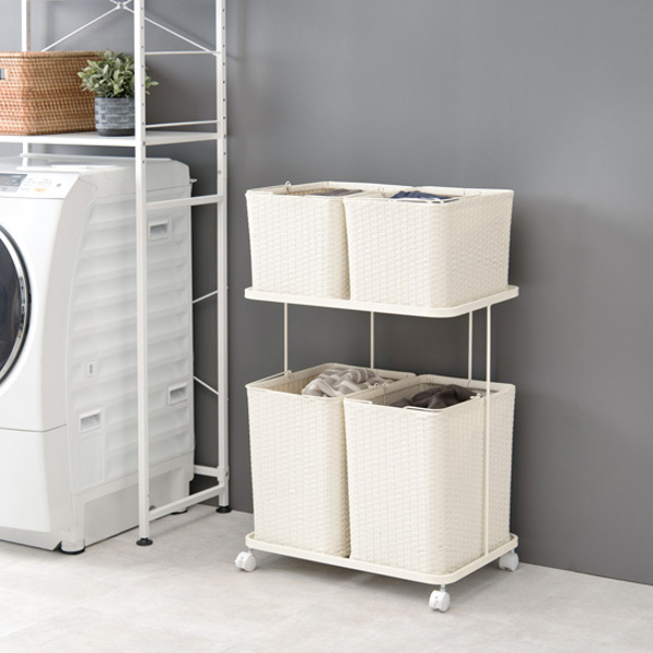 ランドリーラック 2段 ランドリーワゴン ランドリーバスケット バスケット付 横型 ラタン調 ( ラタン キャスター キャスター付 大容量 ワイド 洗濯 バスケット 脱衣かご ラック 洗濯物入れ 洗濯かご 四角 収納 防水 分別 ) 【ホワイト】 ホワイト