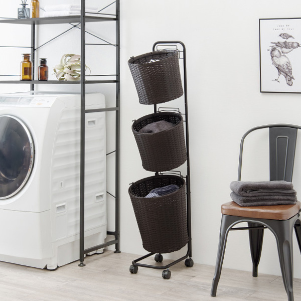 ランドリーラック 3段 丸型 ランドリーワゴン ランドリーバスケット バスケット付 縦型 ラタン調 ( ラタン スリム キャスター キャスター付 洗濯 バスケット 脱衣かご ラック 洗濯物入れ 洗濯かご 丸 収納 防水 分別 ) 【グレー】 グレー