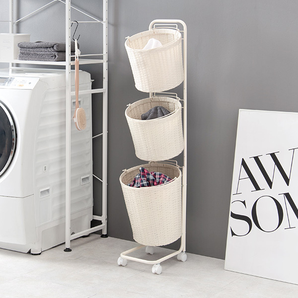 ランドリーラック 3段 丸型 ランドリーワゴン ランドリーバスケット バスケット付 縦型 ラタン調 ( ラタン スリム キャスター キャスター付 洗濯 バスケット 脱衣かご ラック 洗濯物入れ 洗濯かご 丸 収納 防水 分別 ) 【グレー】 グレー