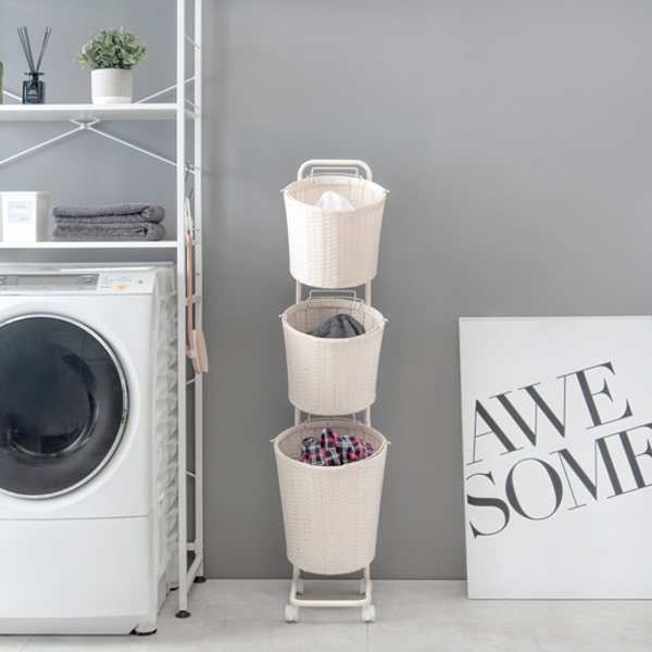 ランドリーラック 3段 丸型 ランドリーワゴン ランドリーバスケット バスケット付 縦型 ラタン調 ( ラタン スリム キャスター キャスター付 洗濯 バスケット 脱衣かご ラック 洗濯物入れ 洗濯かご 丸 収納 防水 分別 ) 【グレー】 グレー