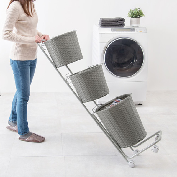 ランドリーラック 3段 丸型 ランドリーワゴン ランドリーバスケット バスケット付 縦型 ラタン調 ( ラタン スリム キャスター キャスター付 洗濯 バスケット 脱衣かご ラック 洗濯物入れ 洗濯かご 丸 収納 防水 分別 ) 【グレー】 グレー