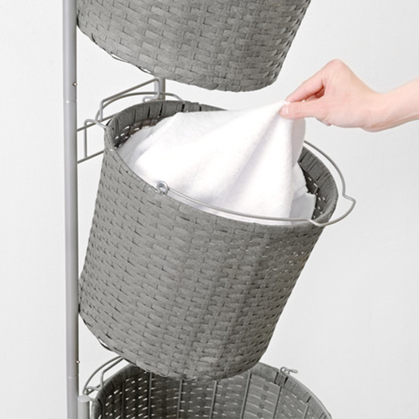 ランドリーラック 3段 丸型 ランドリーワゴン ランドリーバスケット バスケット付 縦型 ラタン調 ( ラタン スリム キャスター キャスター付 洗濯 バスケット 脱衣かご ラック 洗濯物入れ 洗濯かご 丸 収納 防水 分別 ) 【グレー】 グレー