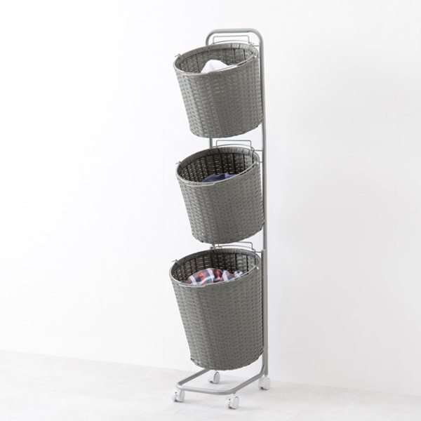 ランドリーラック 3段 丸型 ランドリーワゴン ランドリーバスケット バスケット付 縦型 ラタン調 ( ラタン スリム キャスター キャスター付 洗濯 バスケット 脱衣かご ラック 洗濯物入れ 洗濯かご 丸 収納 防水 分別 ) 【グレー】 グレー